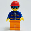 fig-013756 – Construciton Worker, Blue Jacket, Orange Legs, Red Hard Hat with Dark Brown Hair