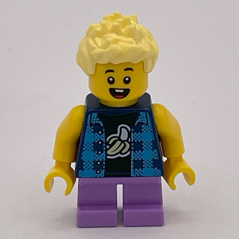 fig-013933 – Boy, Dark Blue Banana Shirt, Short Medium Lavender Legs