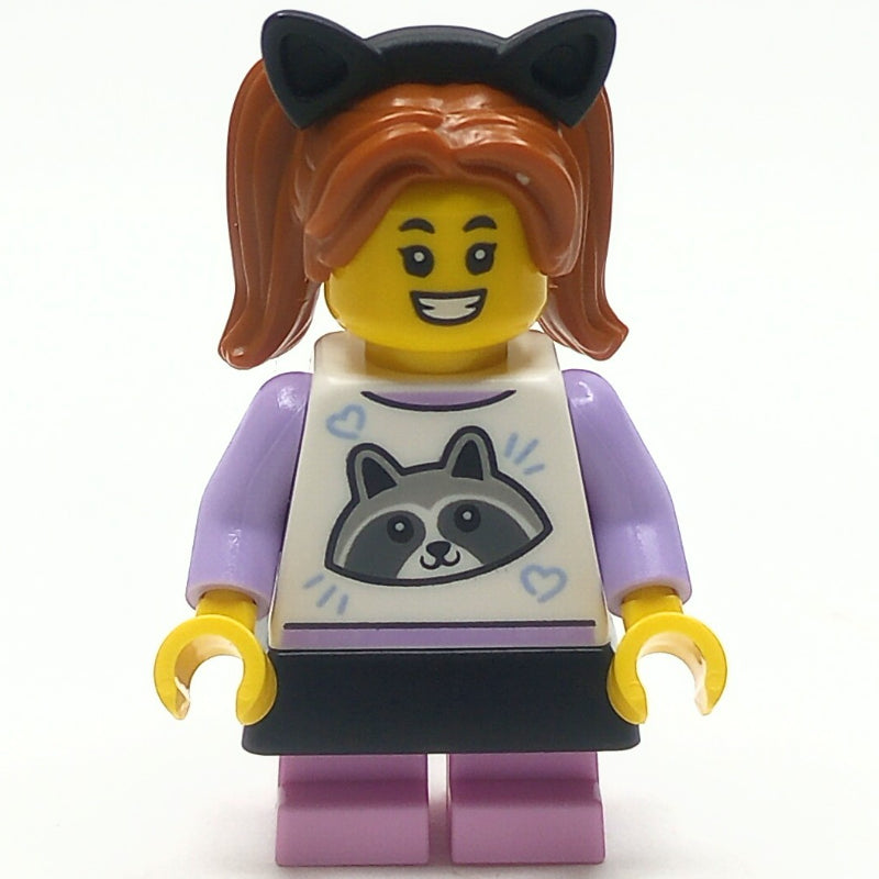 fig-013944 – Girl, Raccoon Shirt, Bright Pink Legs, Black Skirt and Cat Ears