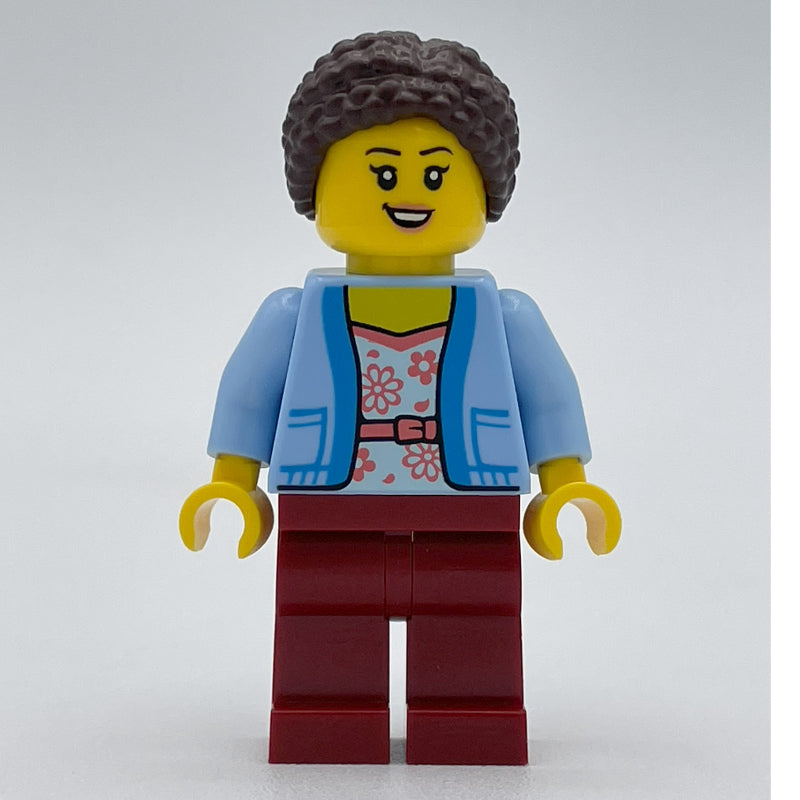 fig-013956 – Woman, Bright Light Blue Cardigan, Dark Red Legs