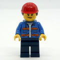 fig-013958 – Construction Worker, Blue Safety Jacket, Dark Blue Legs, Red Hard Hat with Hair
