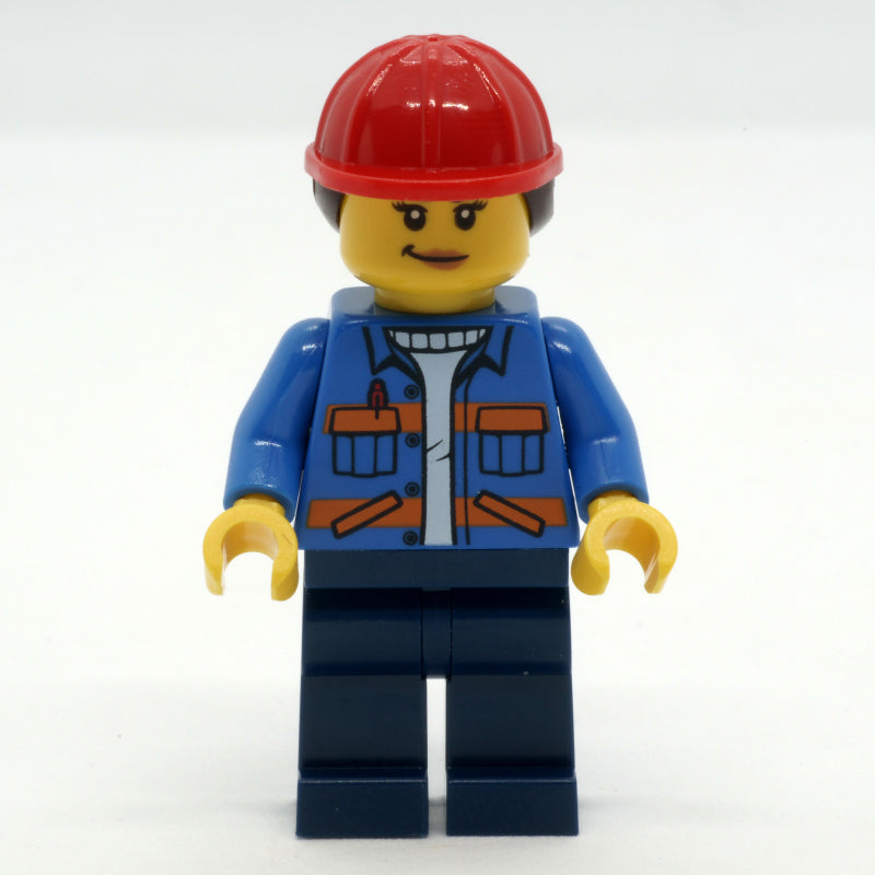 fig-013958 – Construction Worker, Blue Safety Jacket, Dark Blue Legs, Red Hard Hat with Hair