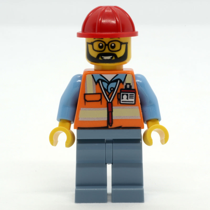 fig-013959 – Construction Worker, Orange Safety Vest, Sand Blue Legs, Red Hard Hat