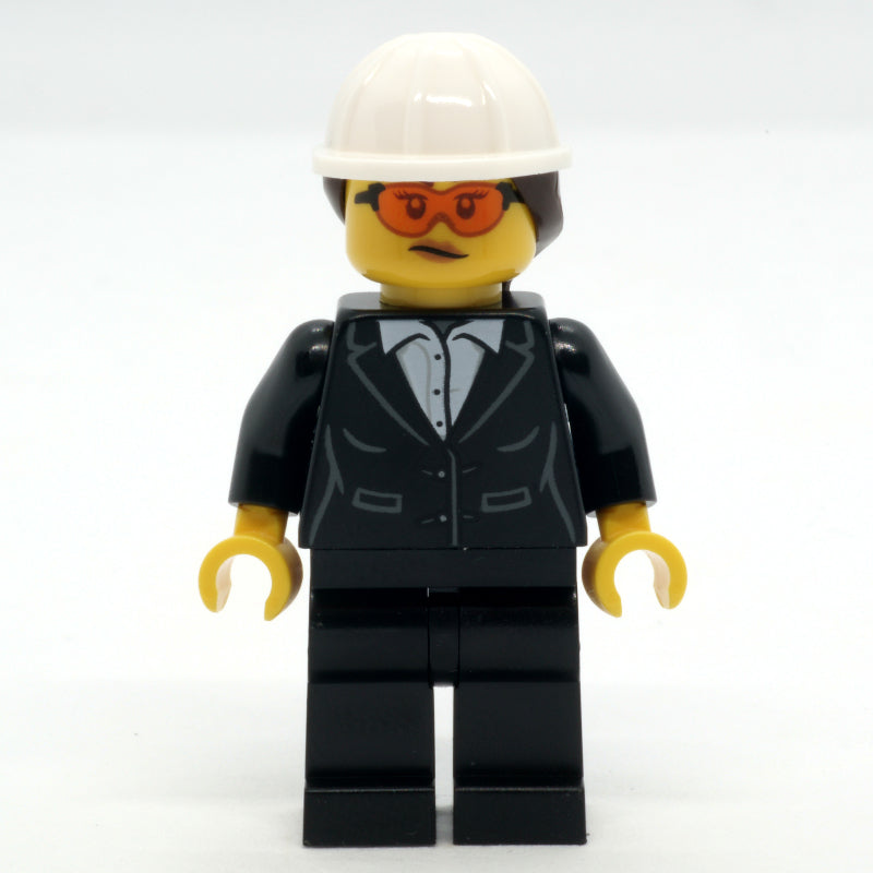 fig-013960 – Construction Site Foreman, Black Suit, White Hard Hat with Hair