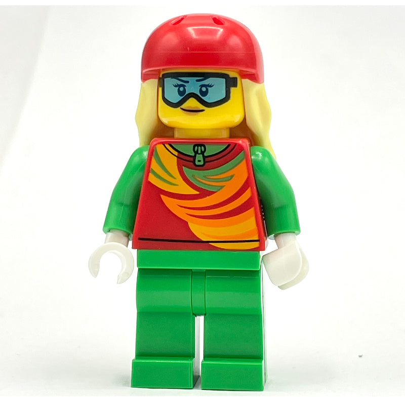 fig-013978 – Skier, Red and Bright Green Snowsuit, Red Helmet with Hair