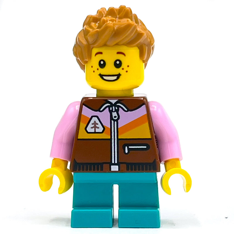fig-013983 – Boy, Reddish Brown Jacket, Dark Turquoise Legs