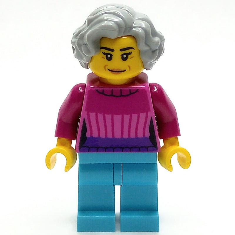fig-013988 – Woman, Dark Pink Top, Medium Azure Legs, Light Bluish Gray Hair