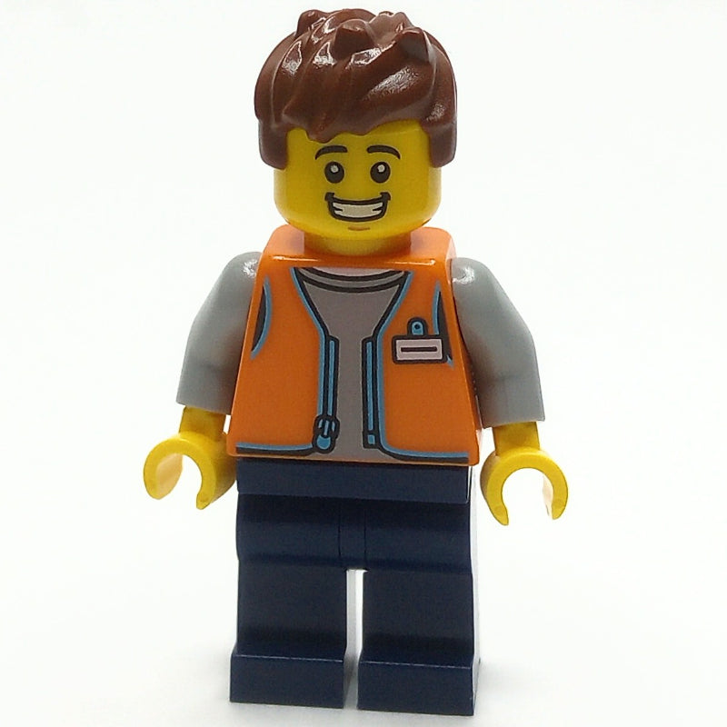 fig-013991 – Shopkeeper, Orange Vest, Dark Blue Legs, Reddish Brown Hair