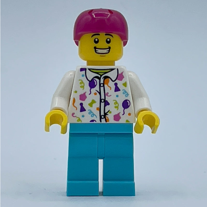 fig-014003 – Man, White Shirt with Balloons, Medium Azure Legs, Magenta Helmet