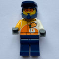 fig-014131 – Stunt Driver, White and Orange Race Jacket, Dark Blue Legs and Helmet
