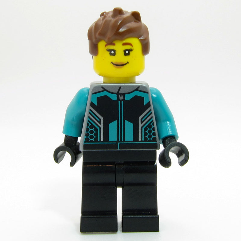 fig-014228 – Race Driver - Flat Silver Torso, Dark Turquoise Arms, Black Legs, Reddish Brown Hair