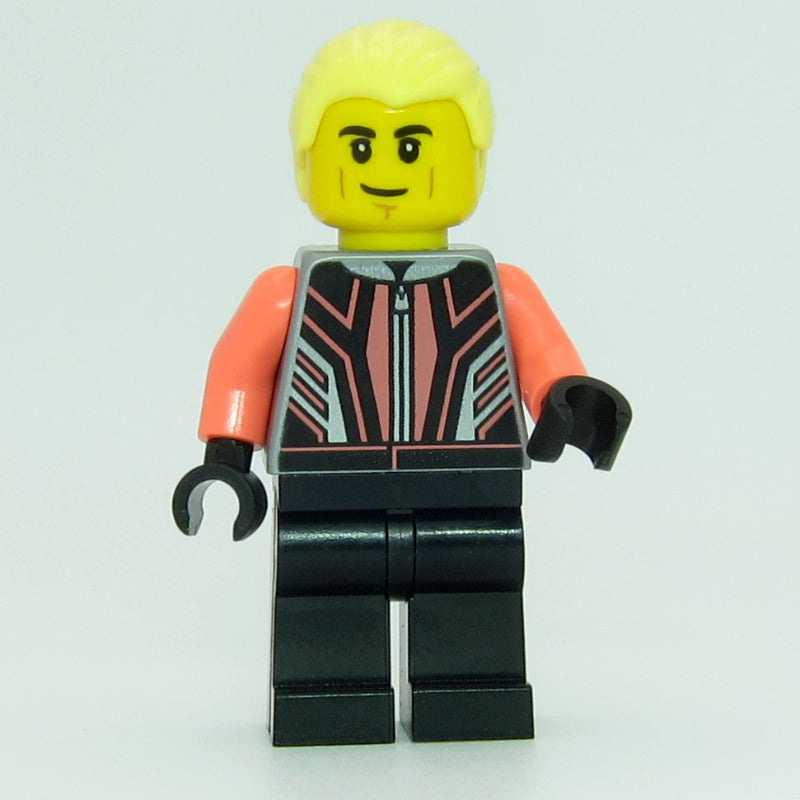 fig-014229 – Race Driver - Flat Silver Torso, Coral Arms, Black Legs, Bright Light Yellow Hair