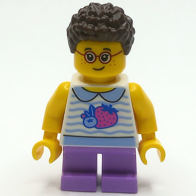 fig-014244 – Kid - White Torso, Medium Lavender Legs, Dark Brown Hair