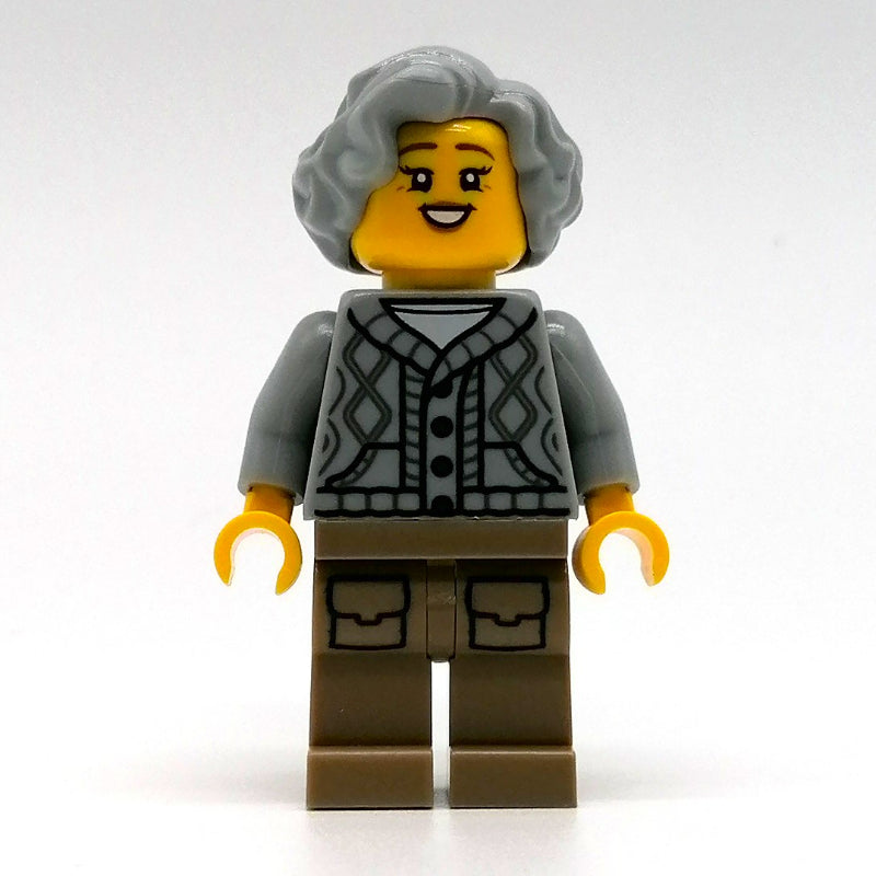 fig-014383 – Woman, Light Bluish Gray Cardigan, Dark Tan Legs, Light Bluish Gray Hair