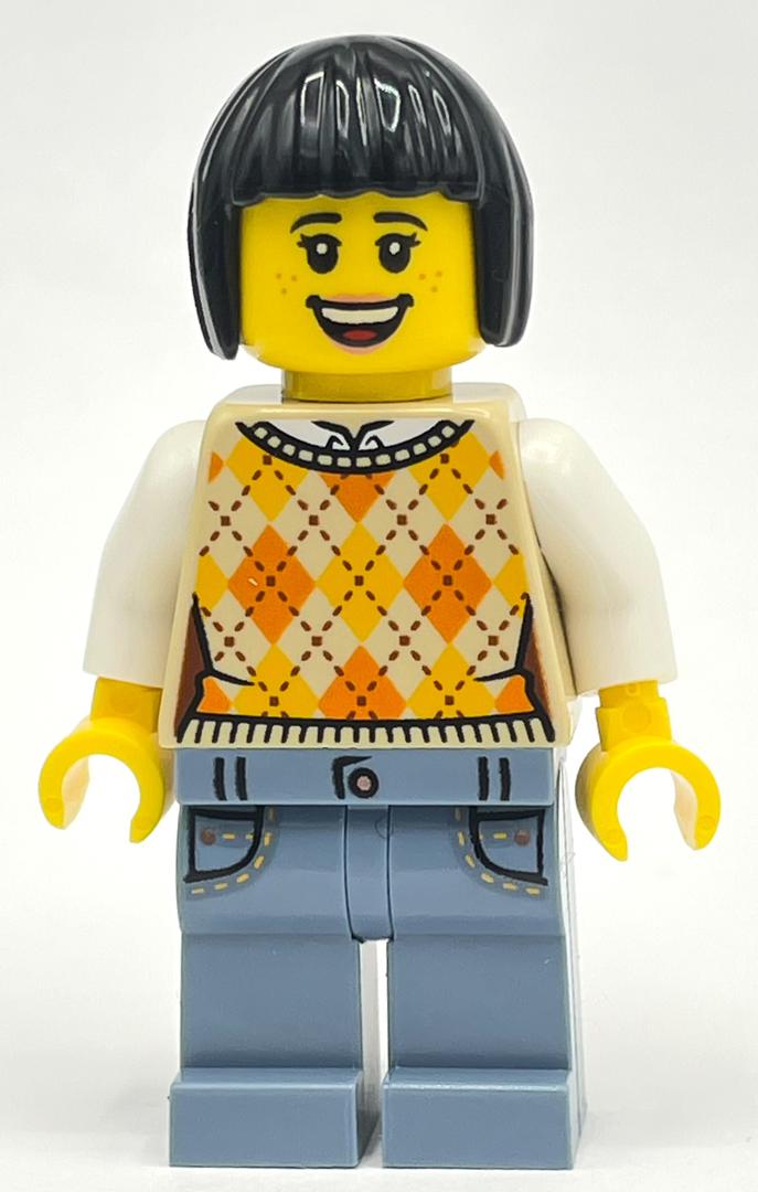 fig-014386 – Woman, Tan Sweater Vest, Sand Blue Legs, Black Hair