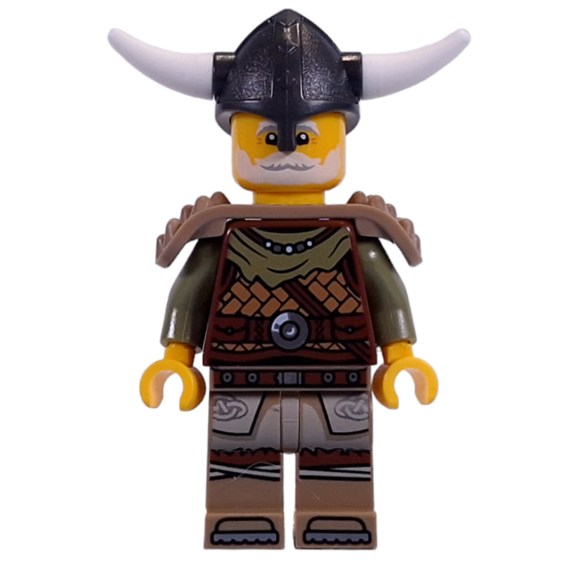 fig-014396 – Viking, Reddish Brown Shirt, Shoulder Guards, Helmet with Horns, White Beard