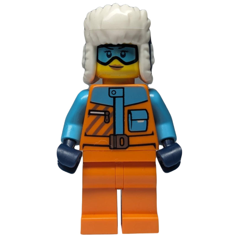 fig-014418 – Arctic Explorer, Orange Suit, Dark Blue Ushanka, Goggles
