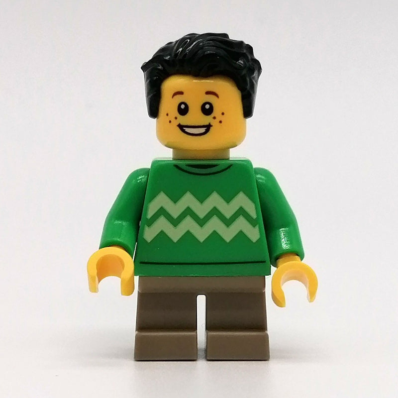 fig-014422 – Kid - Bright Green Torso, Dark Tan Legs, Black Hair