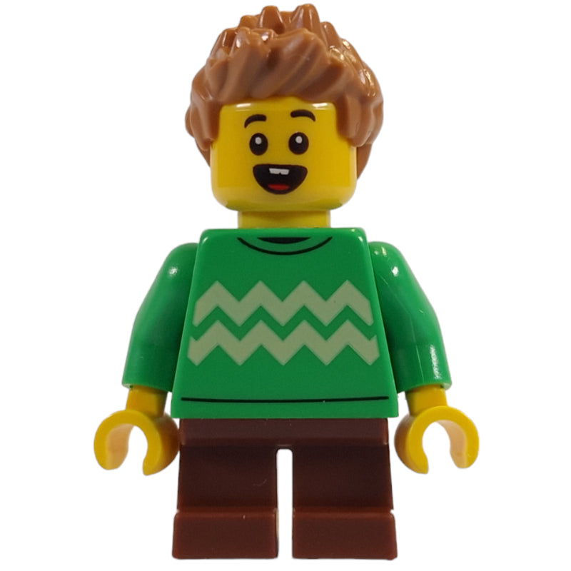 fig-014461 – Kid, Bright Green Torso, Reddish Brown Legs, Medium Nougat Hair