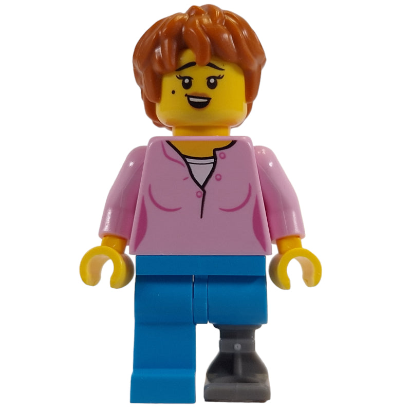 fig-014462 – Bright Pink Torso, Dark Azure Legs, Prosthetic Leg, Dark Orange Hair