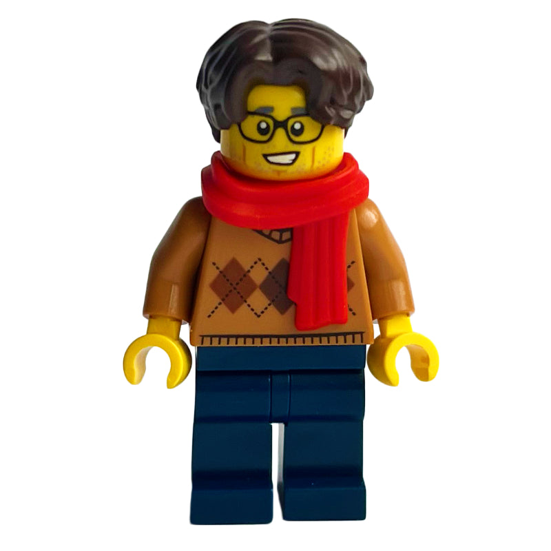 fig-014484 – Medium Nougat Torso, Dark Blue Legs, Dark Brown Hair, Red Scarf