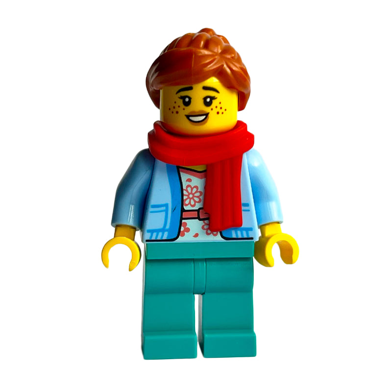 fig-014485 – Bright Light Blue, Dark Turquoise Legs, Dark Orange Hair, Red Scarf