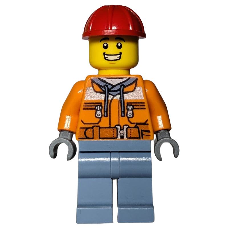 fig-014492 – Construction Worker, Safety Jacket over Hoodie with Belt, Sand Blue Legs, Red Hard Hat