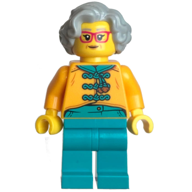 fig-014501 – Bright Light Orange Torso, Dark Turquoise Legs, Light Bluish Grey Hair, Glasses