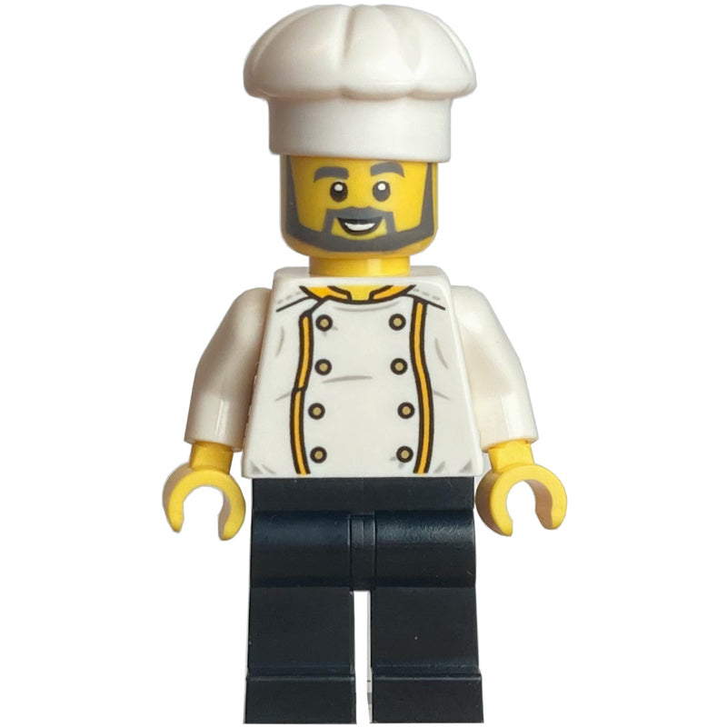 fig-014504 – Chef - White Torso, Black Legs, White Hat, Dark Bluish Grey Beard