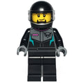 fig-014631 – Race Driver, Black Racing Suit and Helmet with Visor, Goatee
