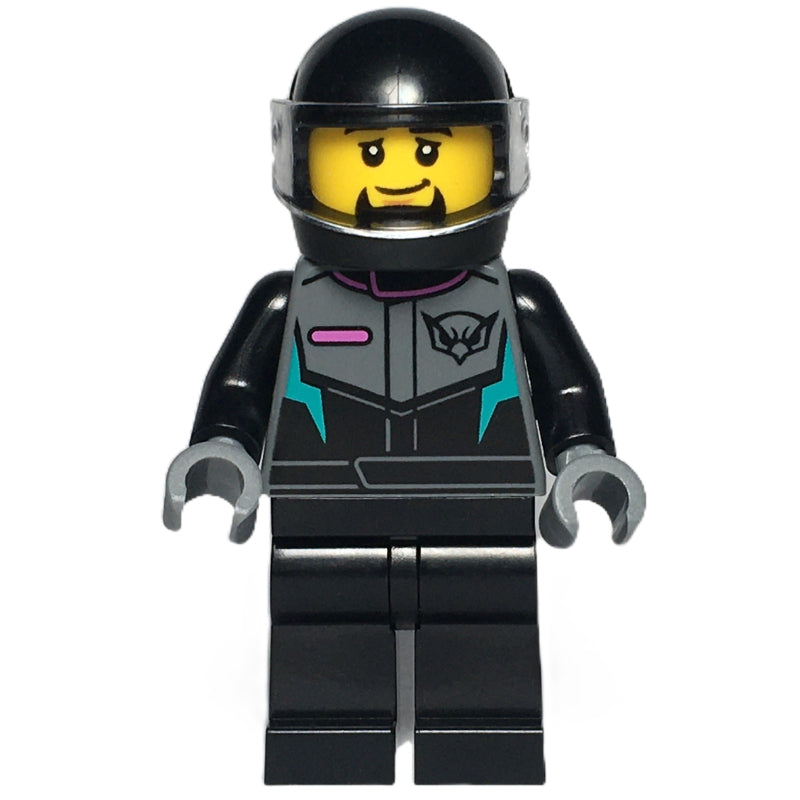 fig-014631 – Race Driver, Black Racing Suit and Helmet with Visor, Goatee