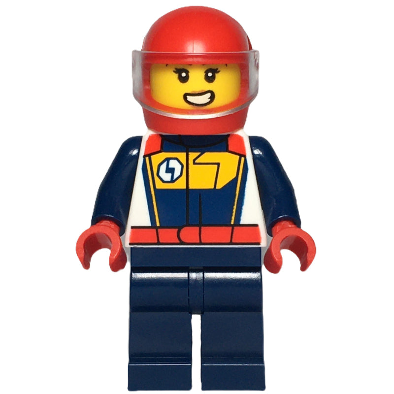 fig-014632 – Race Driver, Dark Blue and White Racing Suit, Red Helmet with Visor