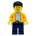 fig-014678 – Bright Orange Torso, Dark Blue Legs, Black Hair, Hearing Aid