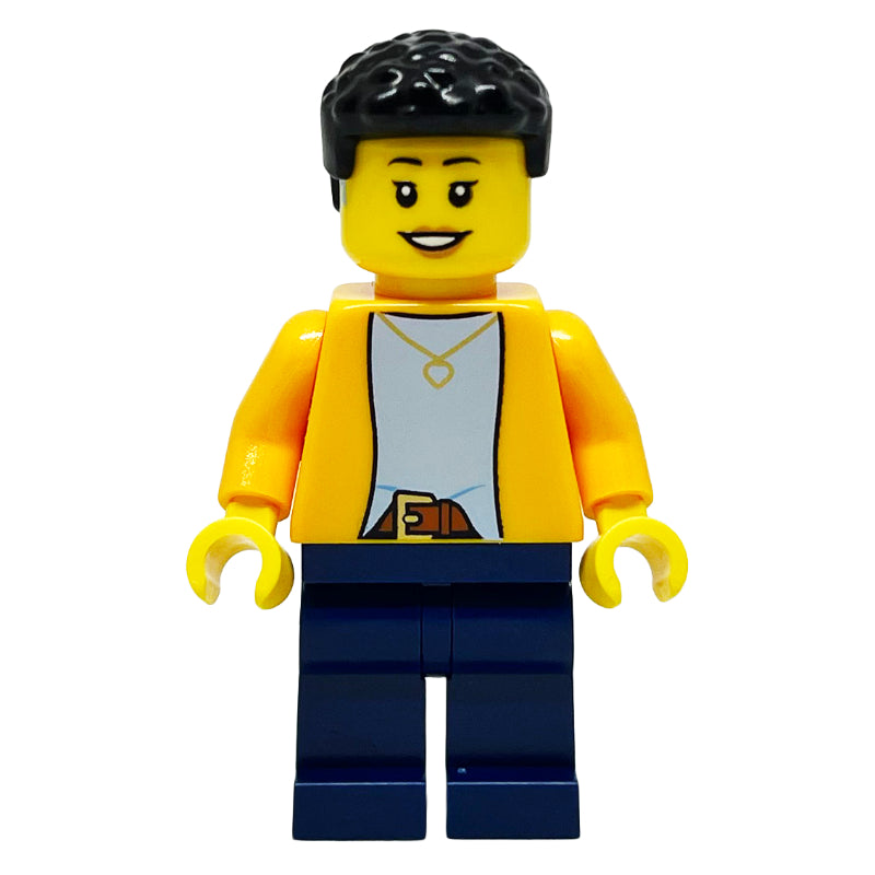 fig-014678 – Bright Orange Torso, Dark Blue Legs, Black Hair, Hearing Aid