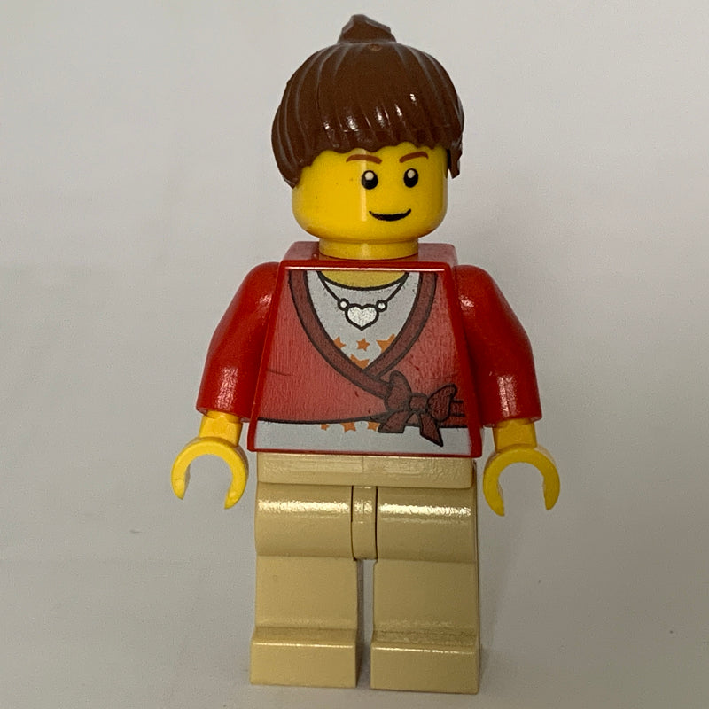 fig-014716 – Woman - Red Sweater, Tan Legs, Reddish Brown Hair, Brown Eyebrows