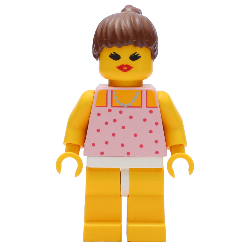 fig-014727 – Woman, Pink Top with Spots, Yellow Legs, Brown Hair - Open Mouth