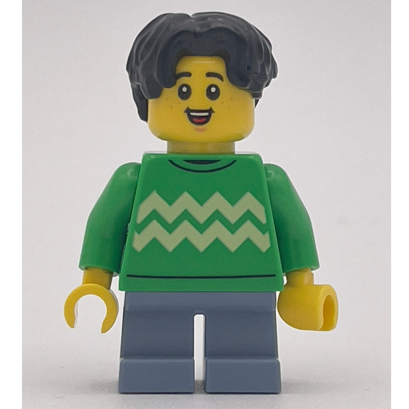 fig-014830 – Kid, Bright Green Torso, Sand Blue Legs, Black Hair