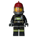 fig-014839 – Firefighter, Black Fire Jacket with Straps and Gauge, Dark Red Helmet, Goatee Beard, Yellow Airtank