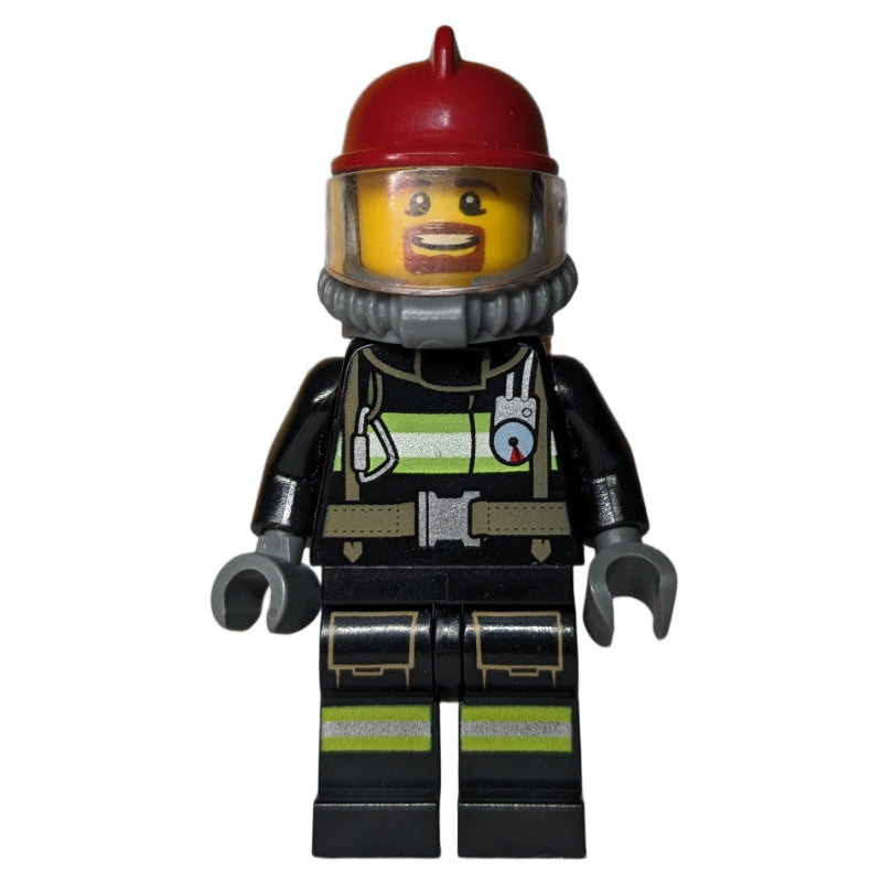 fig-014839 – Firefighter, Black Fire Jacket with Straps and Gauge, Dark Red Helmet, Goatee Beard, Yellow Airtank