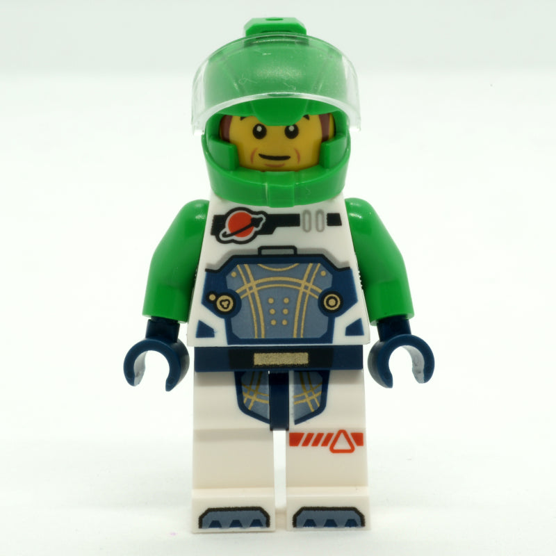 fig-014845 – Astronaut, White Spacesuit, Bright Green Helmet, Reddish Brown Sideburns