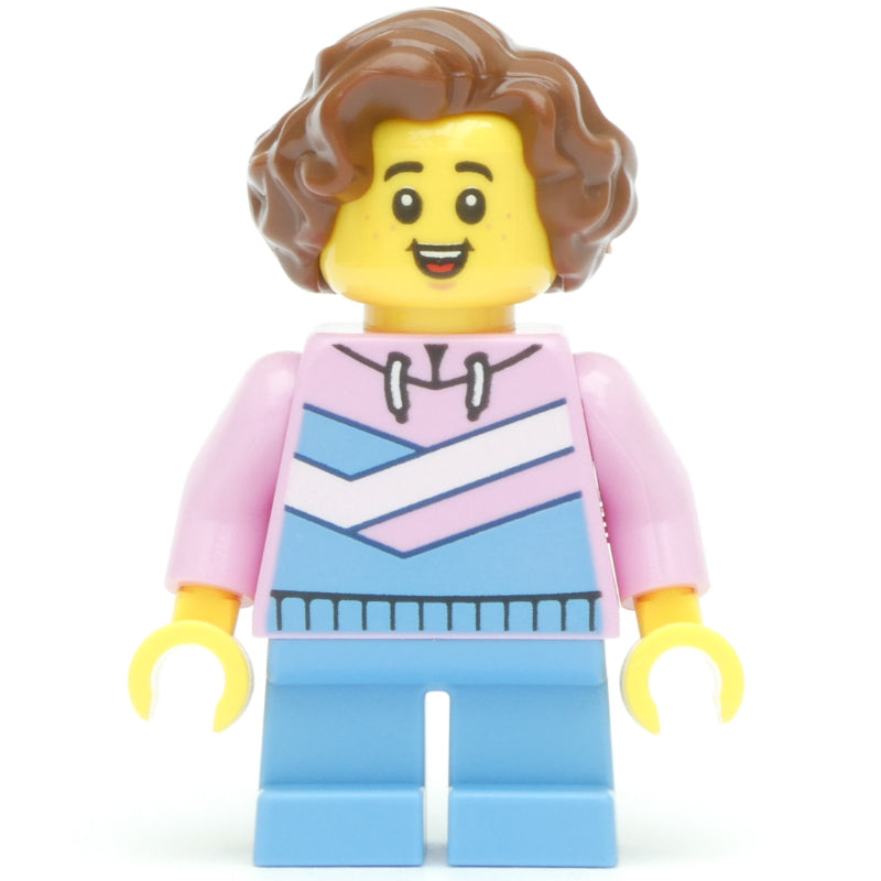 fig-014968 – Kid, Bright Pink Torso, Bright Light Blue Legs, Reddish Brown Hair