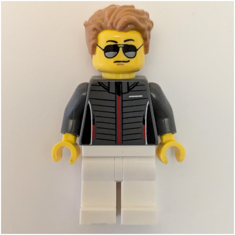 fig-015188 – Race Driver - Dark Bluish Grey Torso, White Legs, Medium Nougat Hair