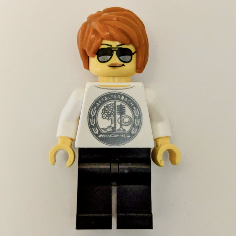 fig-015189 – Race Driver - White Torso, Black Legs, Dark Orange Hair