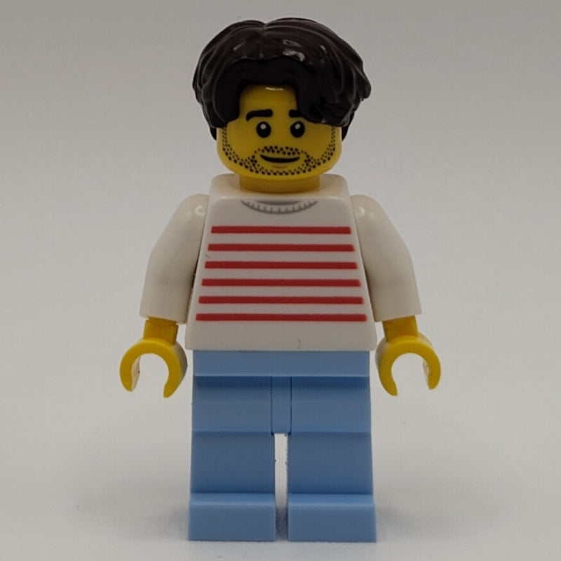 fig-015192 – White Striped Torso, Bright Light Blue Legs, Dark Brown Hair