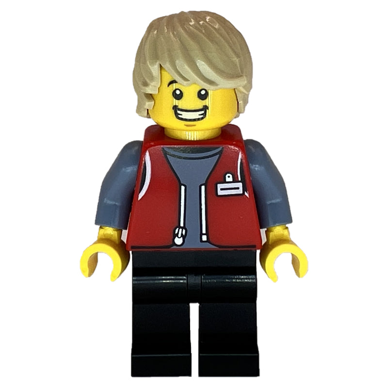 fig-015197 – LEGO Employee, Red Jacket, Black Legs