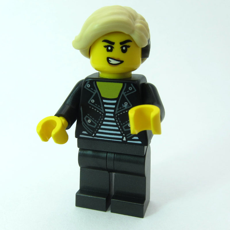 fig-015203 – Woman, Black Jacket, Pearl Titanium Legs, Hearing Aid
