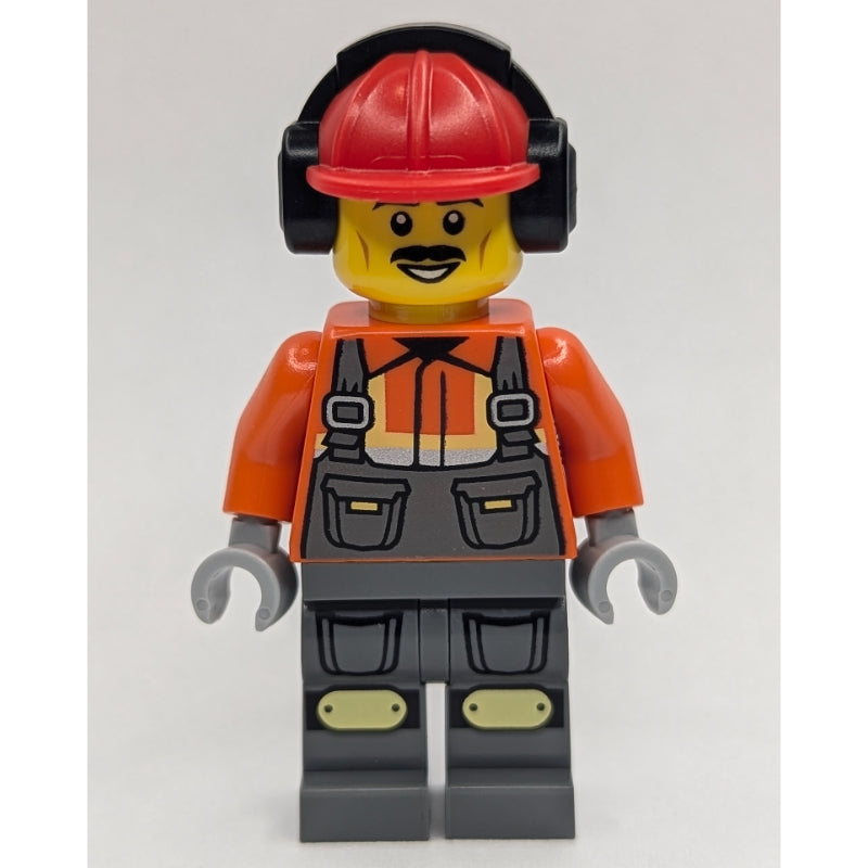 fig-015215 – Construction Worker, Dark Orange Shirt, Dark Bluish Gray Legs, Red Hard Hat with Ear Protection