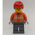 fig-015217 – Construction Worker, Reddish Orange Jacket, Red Hard Hat with Ponytail