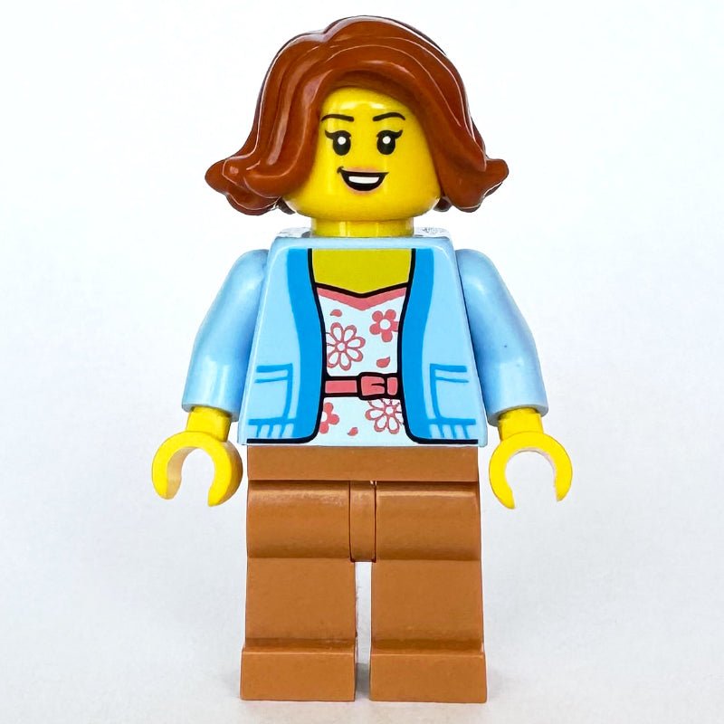 fig-015222 – Woman, Bright Light Blue Cardigan, Medium Nougat Legs