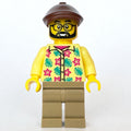 fig-015224 – Man, Bright Light Yellow Hawaiian Shirt, Dark Tan Legs, Reddish Brown Flat Cap